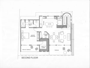 The floor plan includes a bedroom suite and a separate powder room.