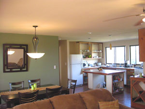 The pleasant, modern 1BR 1.5BA apartment has an open plan for the main rooms.